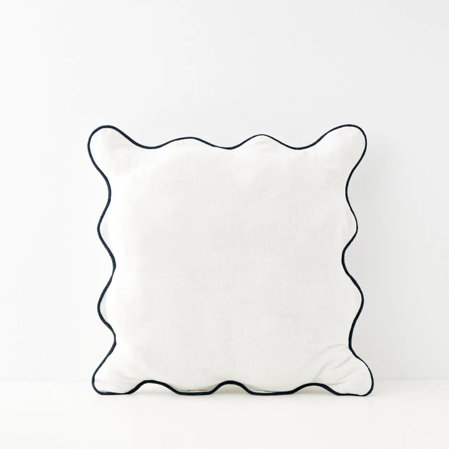 GigiandTom Scalloped Cotton Cushion With Insert White/Navy | Cushions & Throws